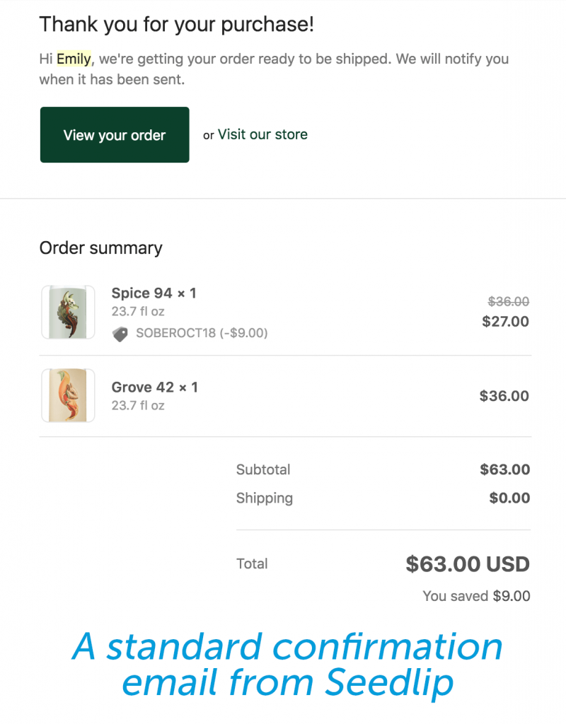 Order confirmation email from Seedlip