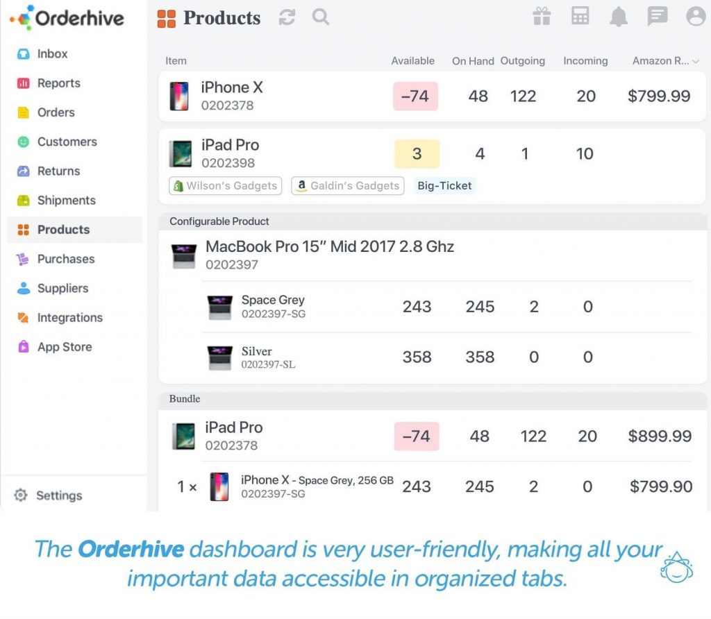 The Orderhive dashboard is very user-friendly, making all your important data accessible in organized tabs.