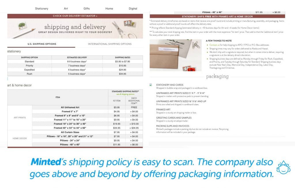 Minted's shipping policy is easy to scan. .