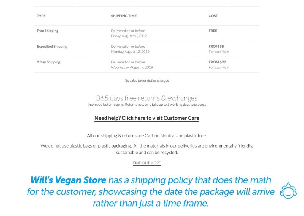 Will's Vegan Store has a shipping policy that does the math for the customer, showcasing the date the package will arrive rather than just a time frame.